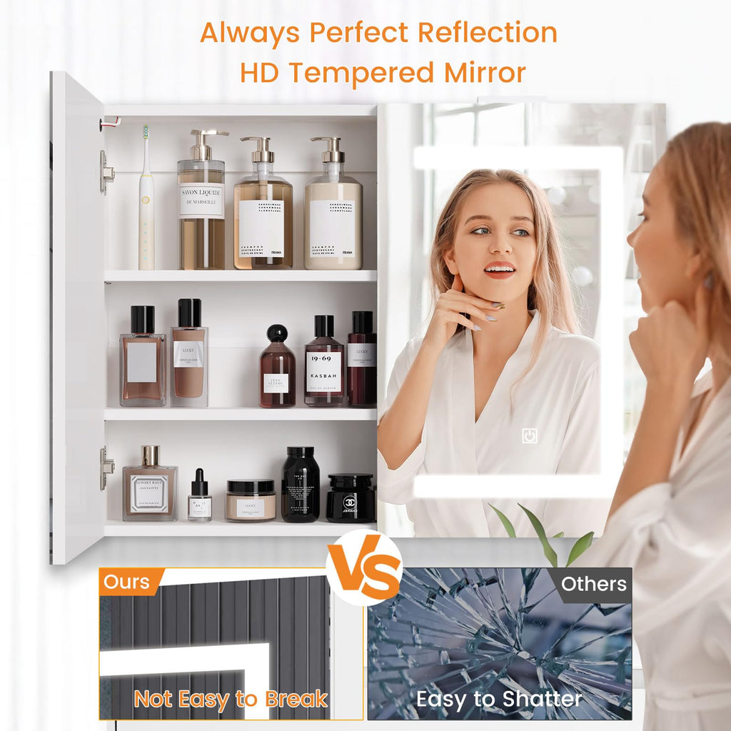 Bathroom Medicine Cabinet with Mirror & LED Lights, Wall Mount Bathroom Mirror with Storage, Built-in Power Outlets