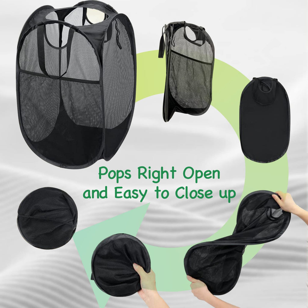 6 Pack Mesh Laundry Hampers with Side Pockets, Black White Blue