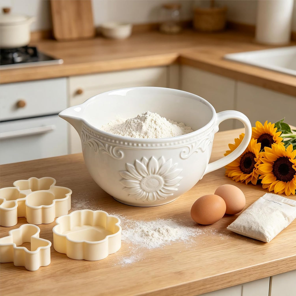 Sunflower Embossed Ceramic Mixing Bowl, 1 Quart Batter Bowl, with Pouring Spout and Handle