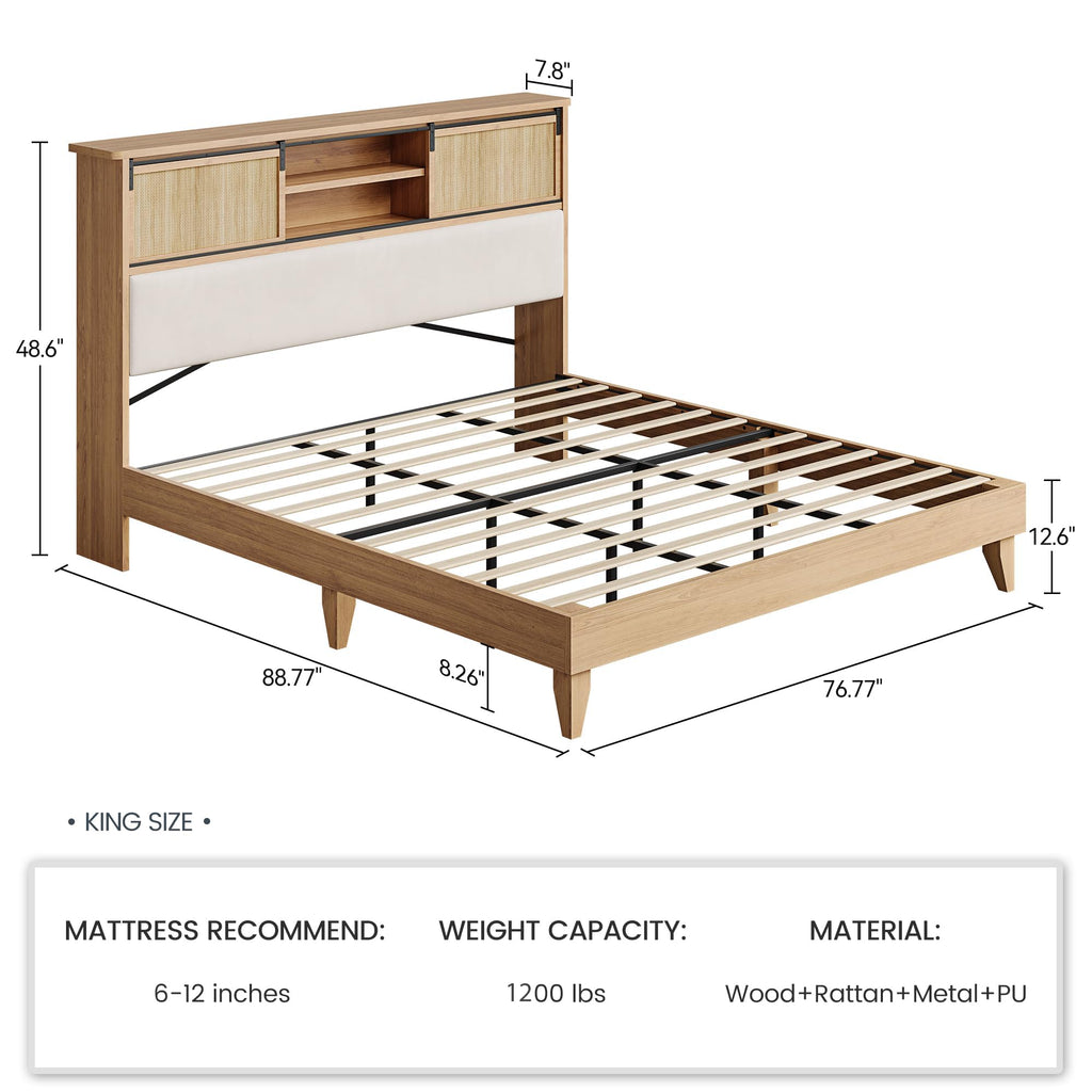 King Size Solid Wood Bed Frame with Bookcase Headboard, Platform Bed