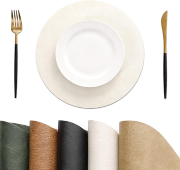 Vinyl Faux Leather Round Placemats, 13 Inch, Beige - Set of 4