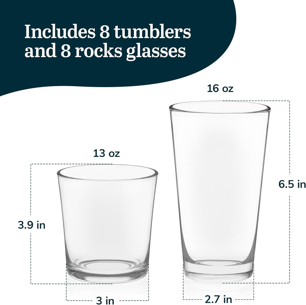 Preston Tumbler and Rocks Glass Cups Set, All Purpose Everyday Drinking Glasses Set of 16, Glassware Drinking Glasses
