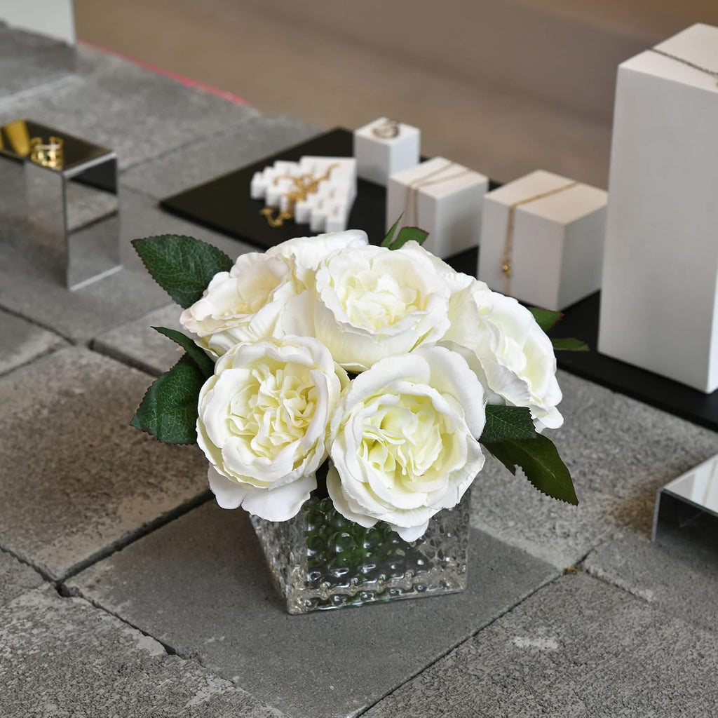 Artificial Peony Silk Flower Centerpieces Faux Floral Arrangement in Glass Vase Wedding Table Decoration (Cream)