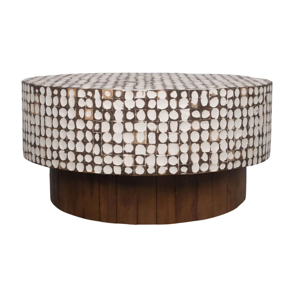 Mila White Round Coffee Table, Boho Coastal Pedestal