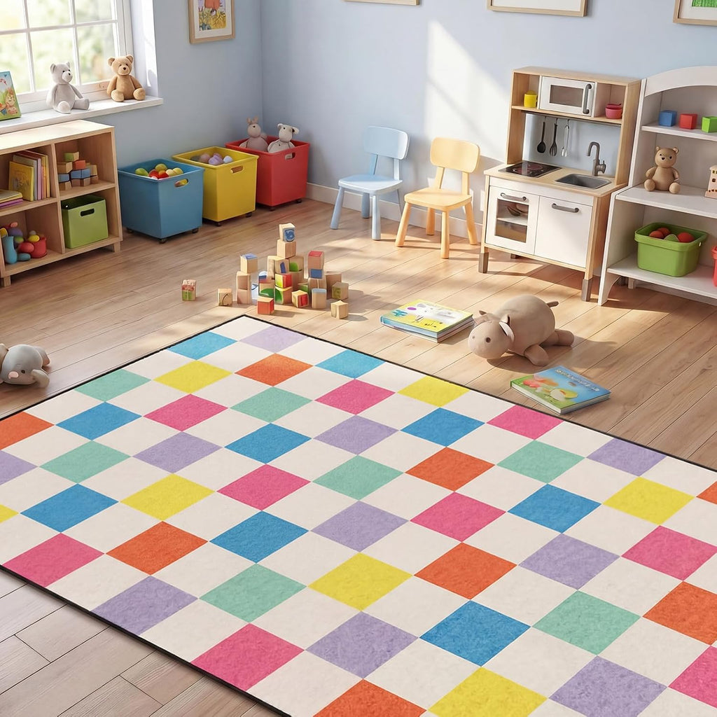 Colorful Checkered Classroom Rug 13'x7'5" Large Classroom Carpet