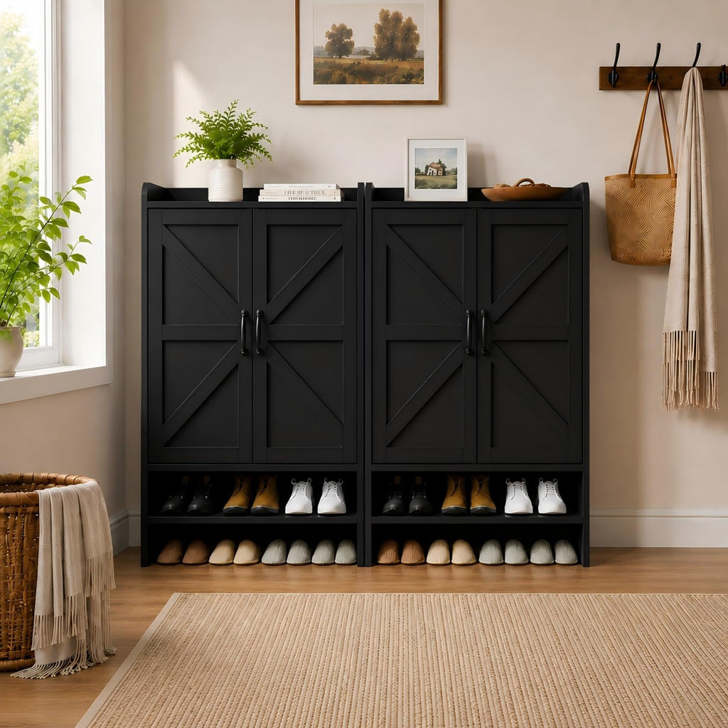 Shoe Cabinet with 2 Barn Doors, 5-Tier Modern Shoe Storage Cabinet, Black