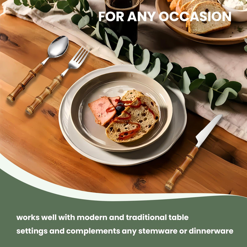 Bamboo handle flatware sets for 8, 40 Piece Natural bamboo handle cutlery sets, silverware sets, dinnerware tableware