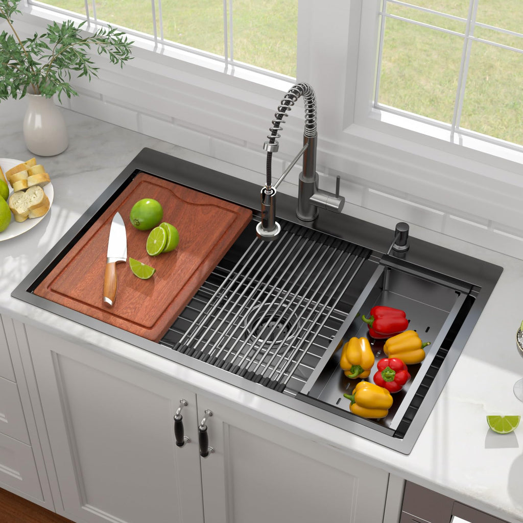36 Inch All-In One Black Kitchen Sink with Pull-Out Faucet Workstation Drop In Large Single Bowl 304 Stainless Steel