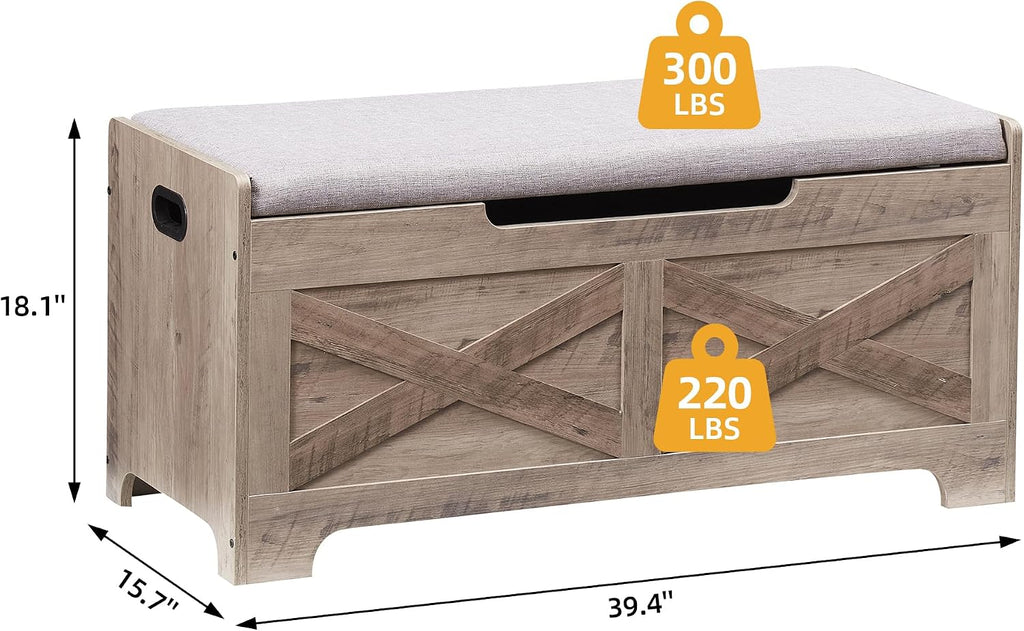 Storage Chest, Lift Top Storage Trunk with 2 Safety Hinges, Barn Style Organizer, Wooden Entryway Bench with Seat
