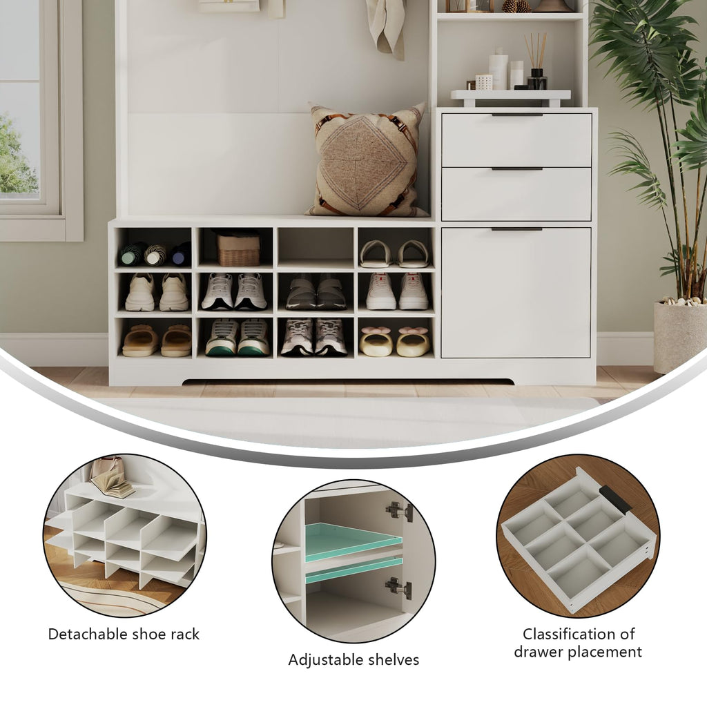 5-1 Hall Tree with Bench & Shoe Cubby, Farmhouse Entryway Mudroom Coat Rack
