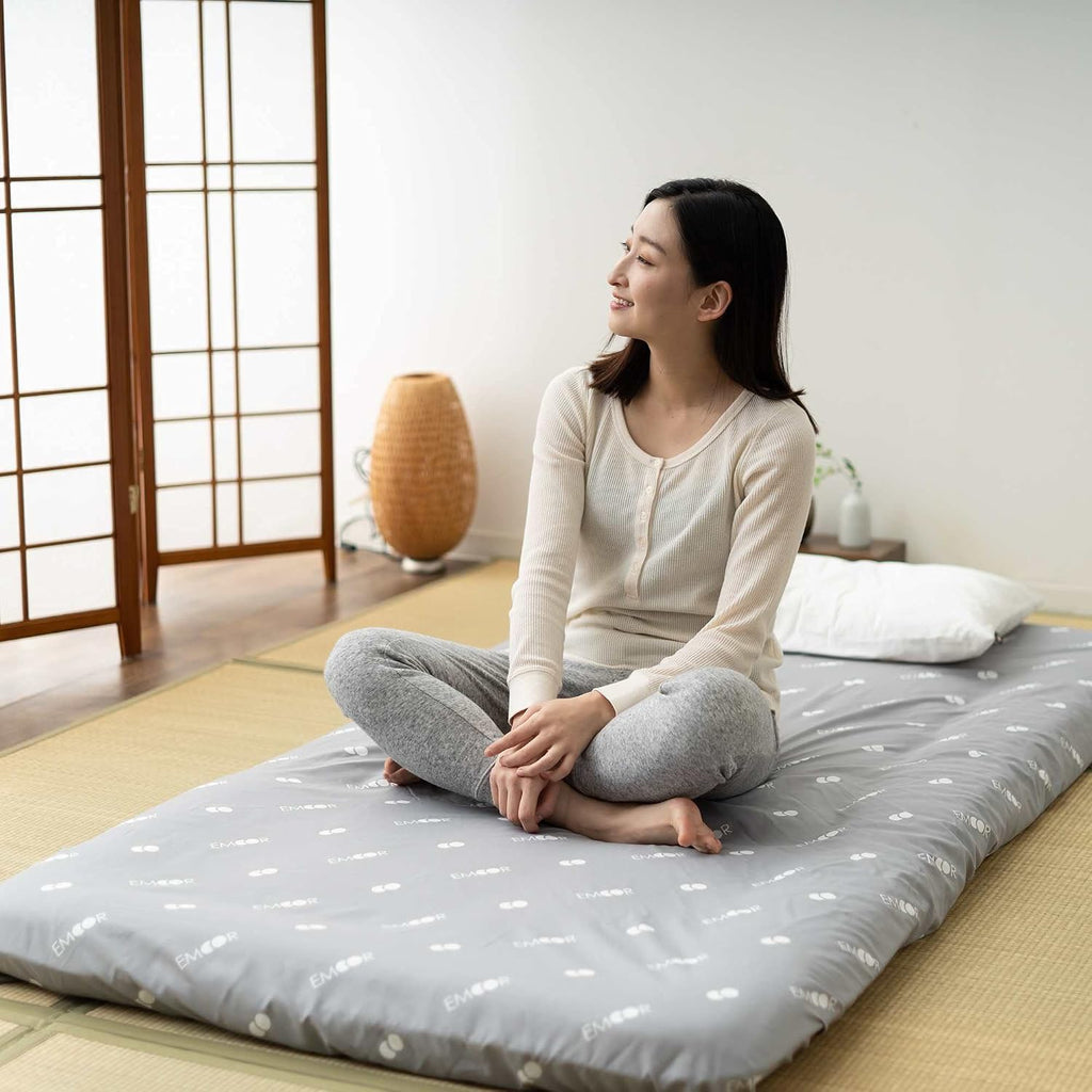 Japanese Floor Futon Set (Mattress, Cover & Storage Case) -Kyoto- Full Size (55x80in) Gray, Sleeping Mat Tatami Bed