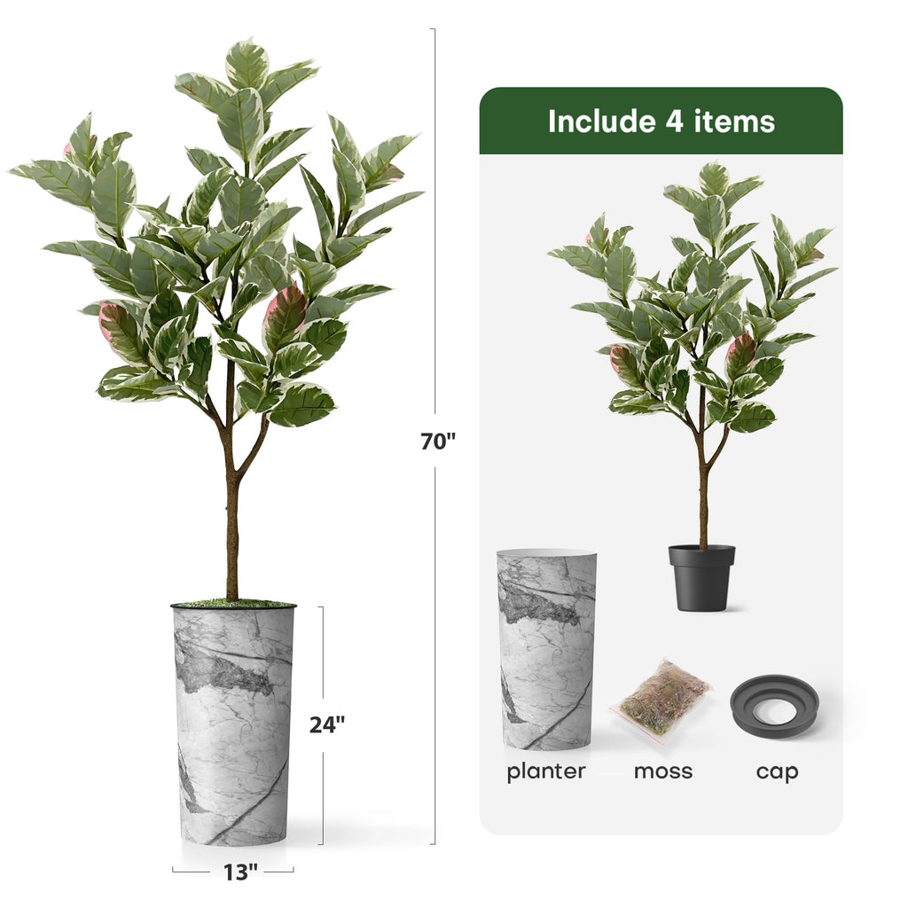 Tree in Gray Marble Effect Planter, Fake Rubber Silk Tree for Indoor and Outdoor Home Decoration - 70" Overall Tall