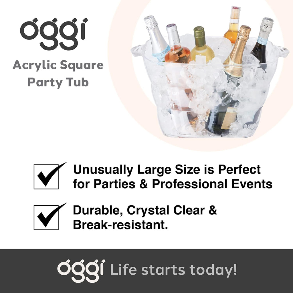 Acrylic Square Party Tub - Clear Beverage Cooler w/Handles, Wine Cooler, Beer Chiller, Ideal Party Tubs for Drinks