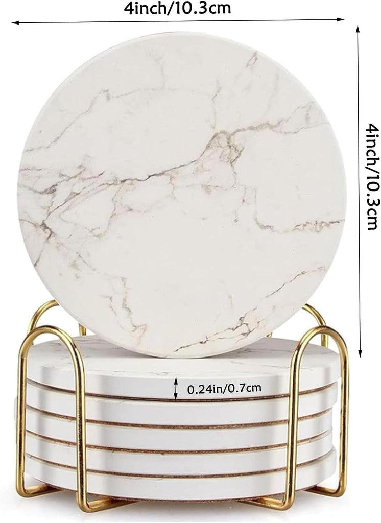 4inch Round White Marble Coaster with Gold Storage Rack - Set of 6