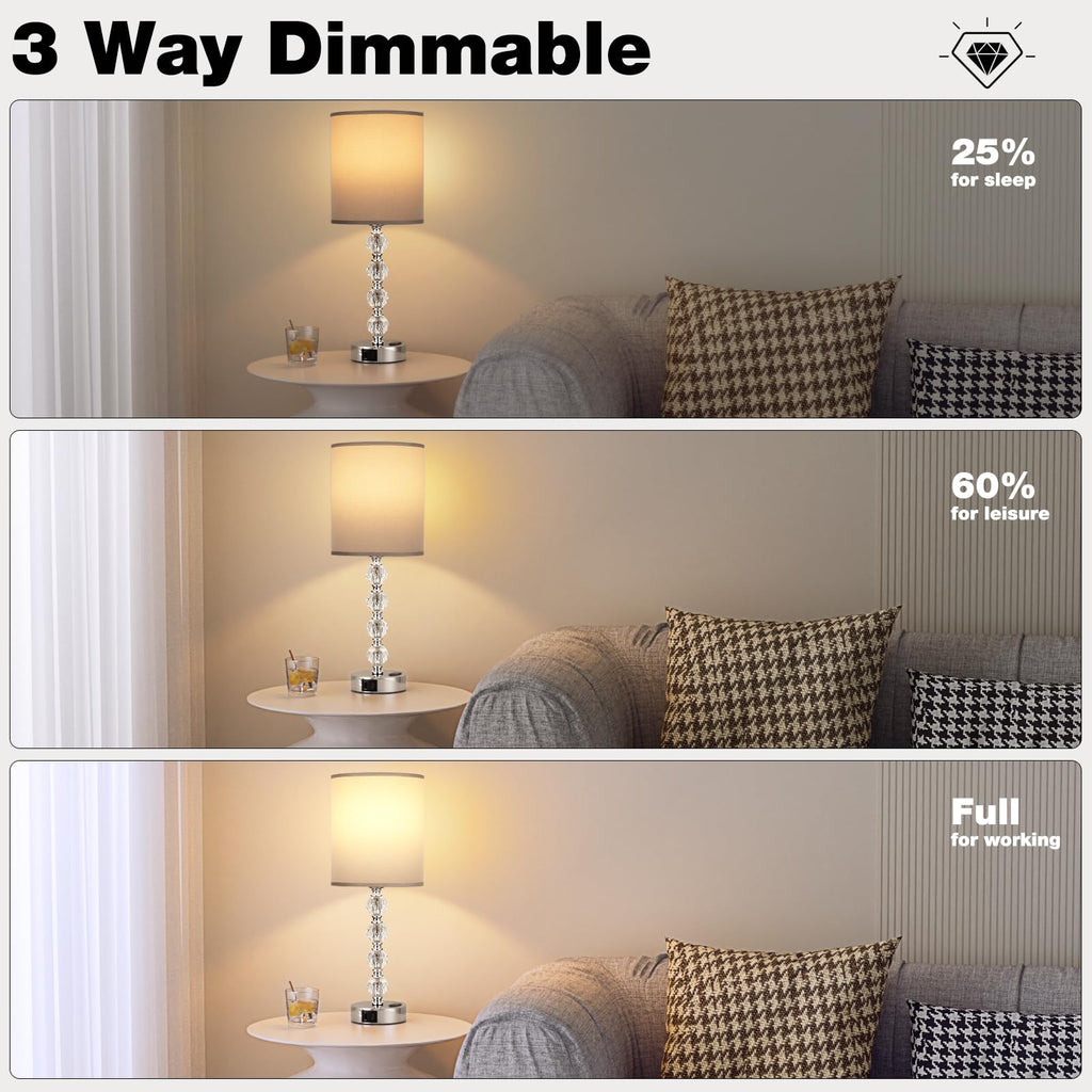 Touch Bedside Crystal Lamps s Nightstand with USB C+A Charging Port and AC Outlet White, 3 Way Dimmable Silver Large