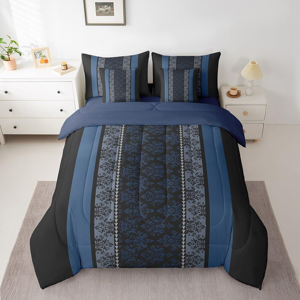 Adult Classic Jacquard 7 Piece Bedding Set Full Size Damask Pattern Comforter Set with Sheets for Boys Girls Black