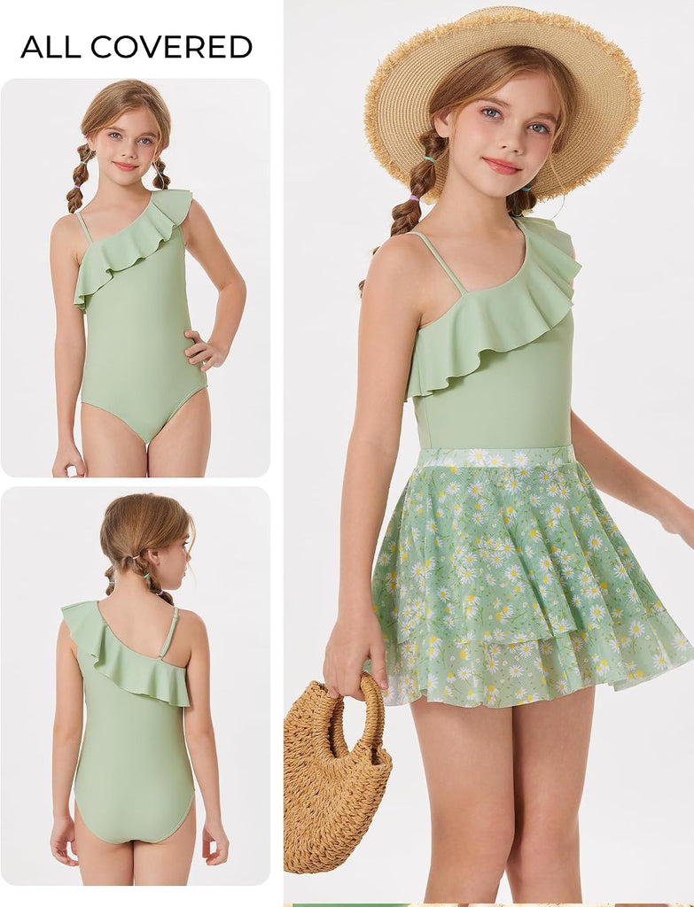 Girls One Piece Swimsuits with Mesh Skirt Bathing Suit Swimwear