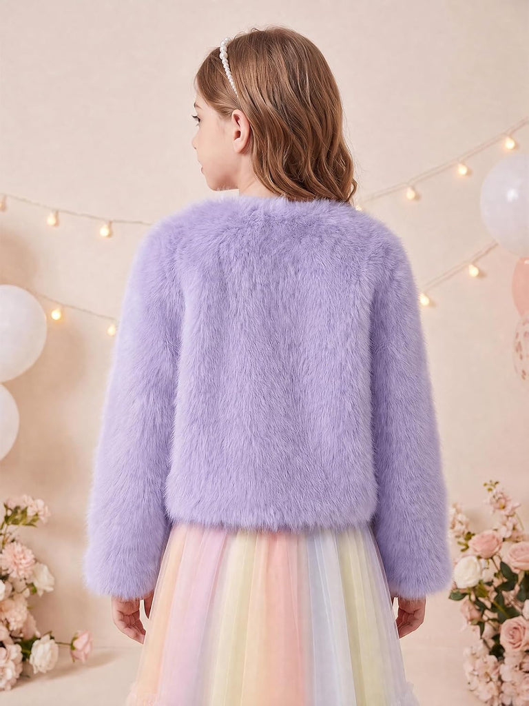 Girls Faux Fur Dress Coat Fluffy Open Front Long Sleeve Jacket