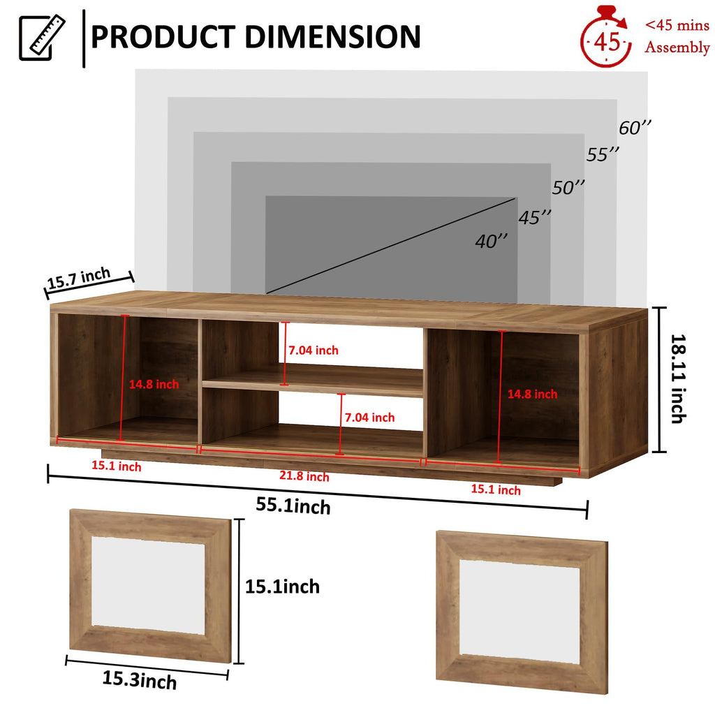 TV Stand with Storage, TV Stands, Rustic Oak, 55 Inch