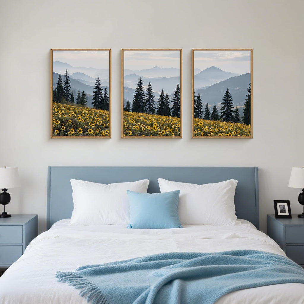 Large Boho Wildness Sunflowers Framed Canvas Wall Art Set, Nature Pine Tree Mountain Wall Decor, Misty Forest