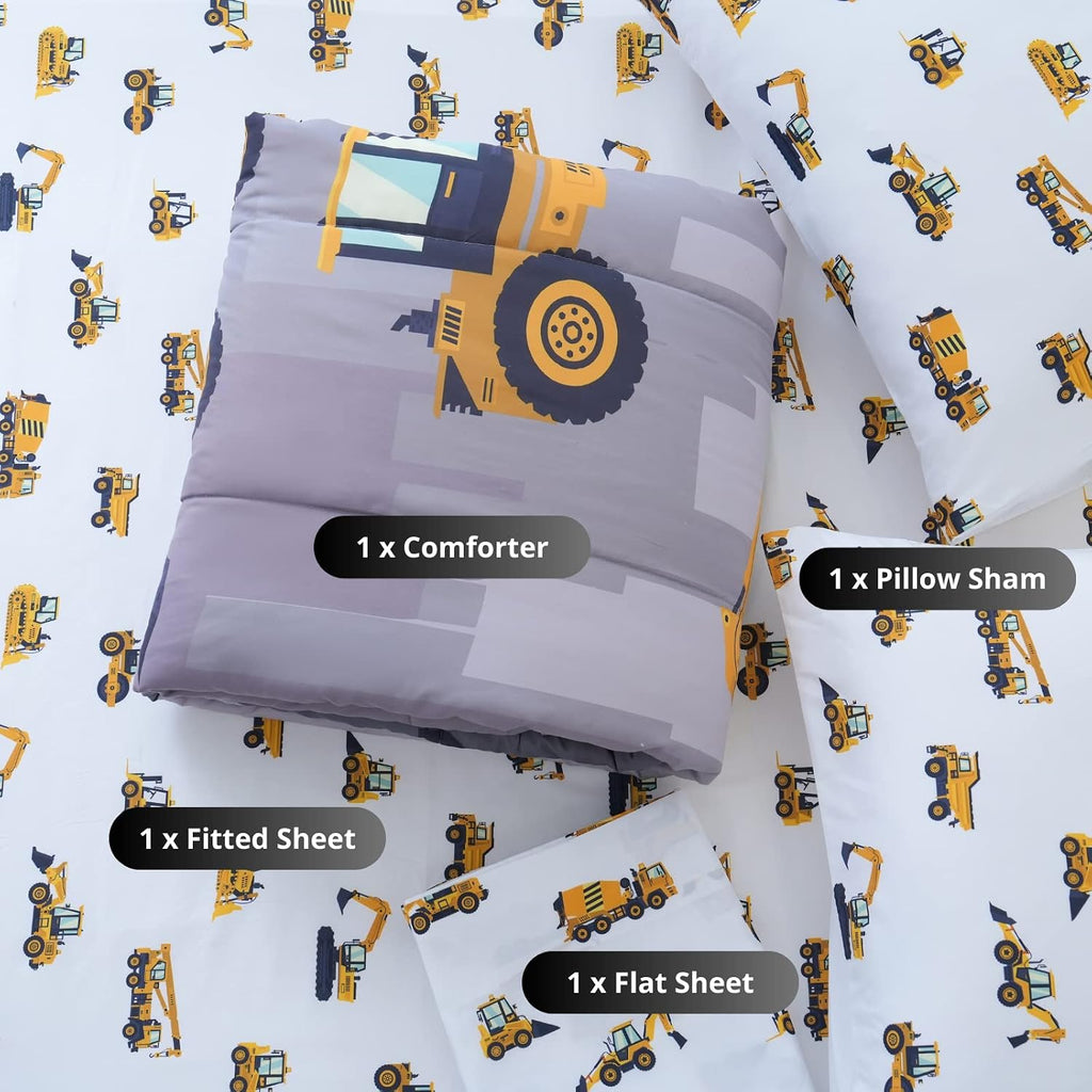Twin Comforter Set for Boys, 4-Piece Bed in a Bag, 3D Construction Bedding Comforter Sheet Set, Ultra Soft and
