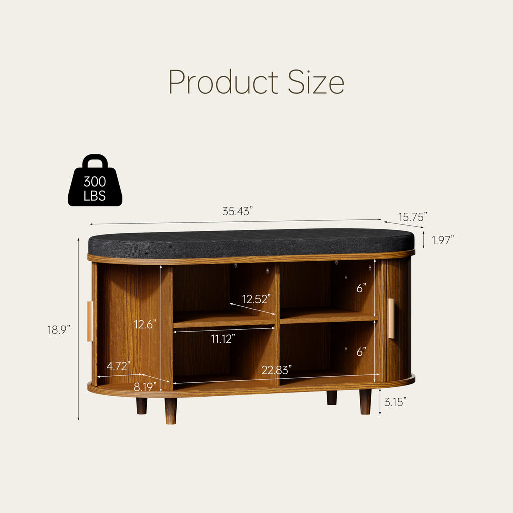 2-Tier Storage Bench, Wide Shoe Bench with Thickened Padded Seat Cushion, Mid Century Modern Fluted Sliding Door and