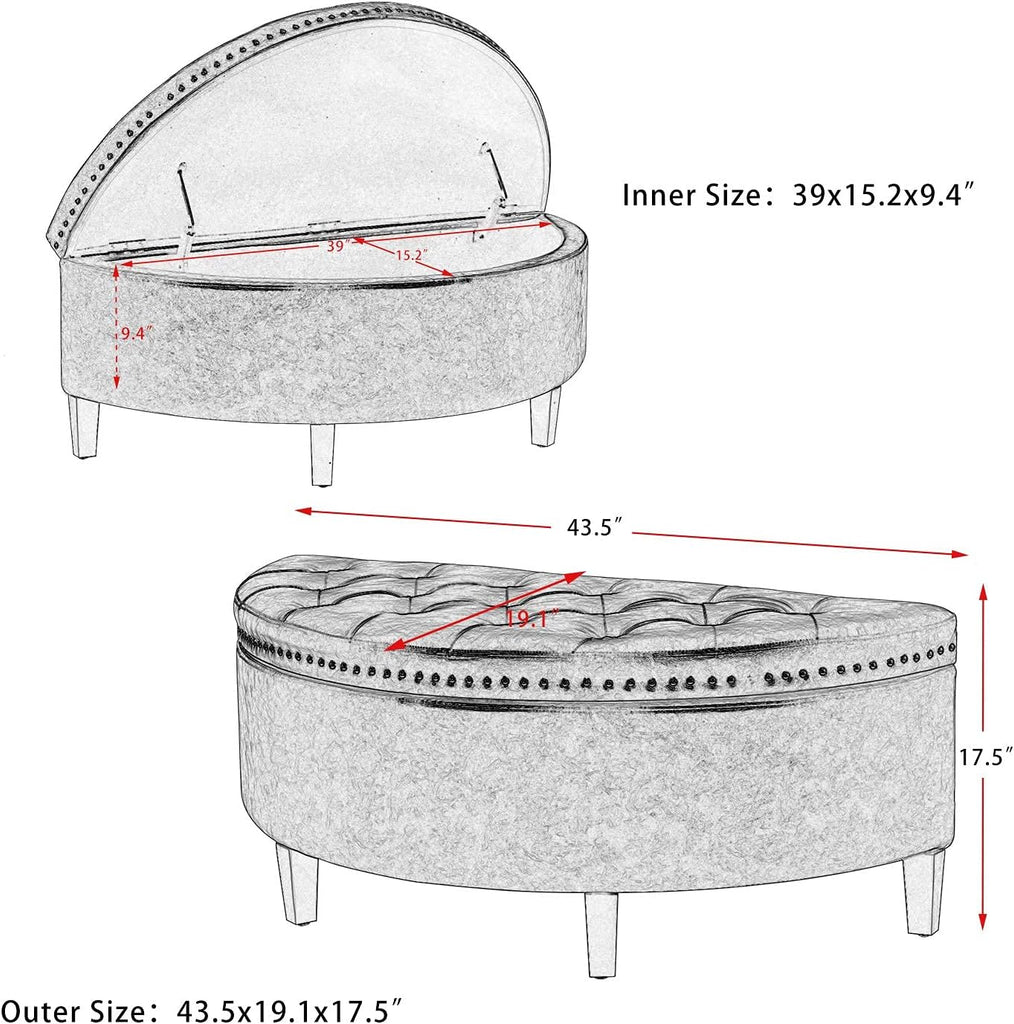43.5" Storage Bench Half Moon Tufted Ottoman with Rivet Storage Room Organizer Bedroom Entryway- Waterproof