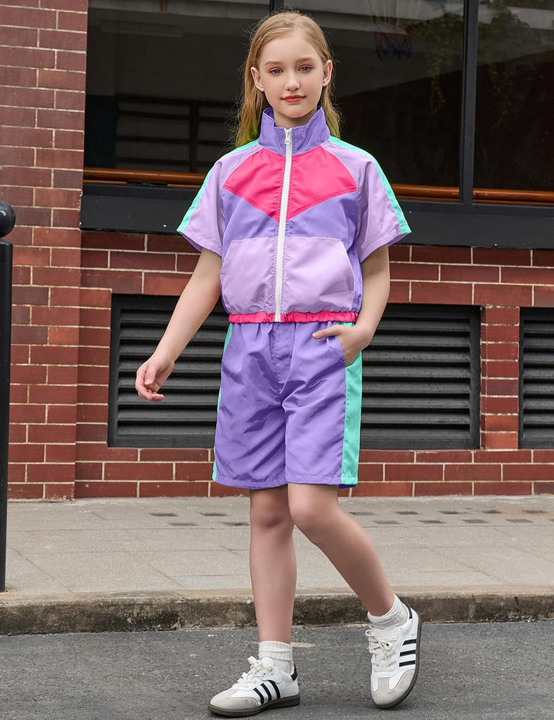Girls Summer 2 Piece Outfits 80s 90s Tracksuit Windbreaker & Short Sets Hip Hop Dance