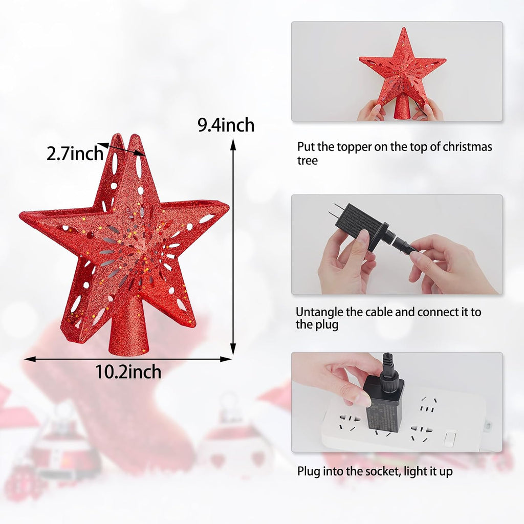 Tree Topper Lighted with 6 Projected Patterns -Christmas Star Tree Topper Built-Led Rotating Lights -3D Glitter