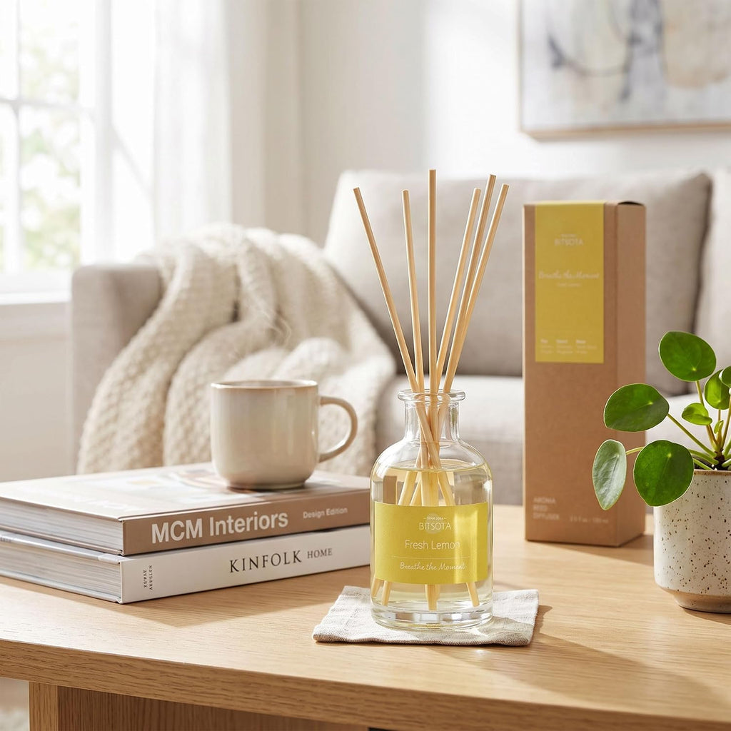 Natural Reed Diffuser Set, Fresh Lemon 3.52 oz (100ml) Scented Diffuser with Sticks Home Fragrance Reed Diffuser