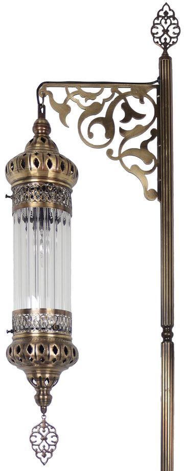 Turkish Moroccan Ottoman Era Style Antique Vintage Standing Floor Lamp, Antique Brass Metal Body, Shatterproof Pyrex
