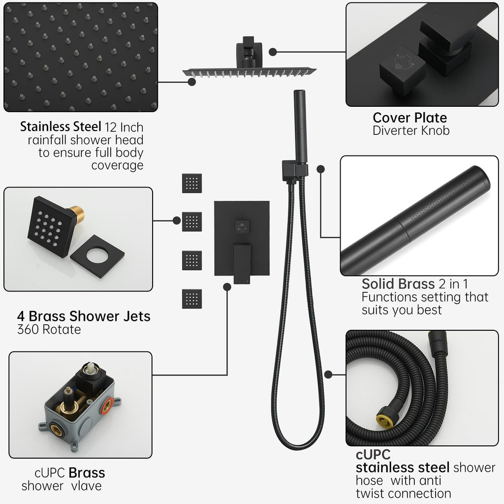 Rain Shower System with Body Jet Rainfall Shower Faucet Set