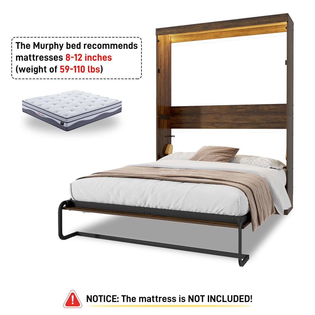 Queen Size Murphy Bed with 2 LED Lights, Farmhouse Wood Hidden Foldable Wall Bed Frame w/Gas Struts, Storage Bed