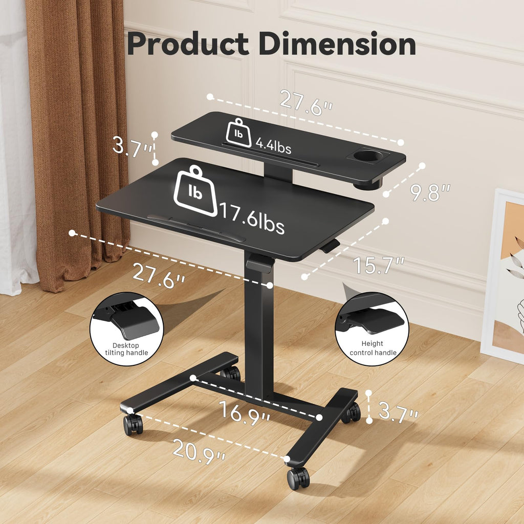 28" Mobile Standing Desk, Tiltable Top with 2-Tier Shelves, Black