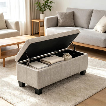 41.5 Inch Light Gray Faux Leather Storage Ottoman Bench for Small Spaces | 2.8 cu ft storage capacity,660 lbs weight