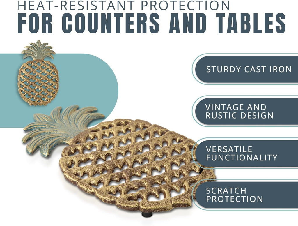 Cast Iron Pineapple Trivet - 5.9"×9" - Rubber Pegs Included