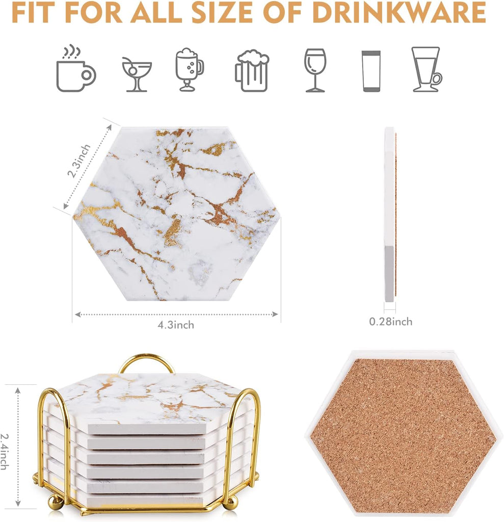 Marble Gold Coasters for Drinks Absorbent with Cork Base, Drink Coasters for Wooden Table with Metal Holder - Set of 6