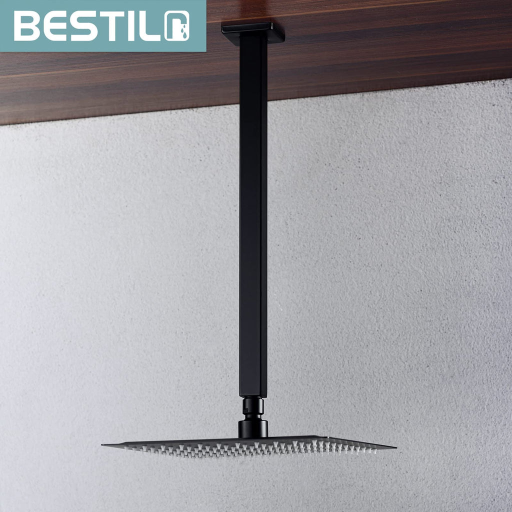 16 Inch Matte Black Ceiling Mount Shower Arm and Flange, Square Rain Shower Arm