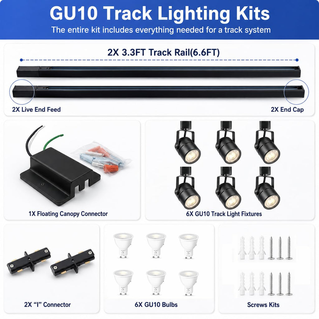 6FT LED Track Lighting Kit with 3-Color GU10 Bulbs, Dimmable 6 Lights Black