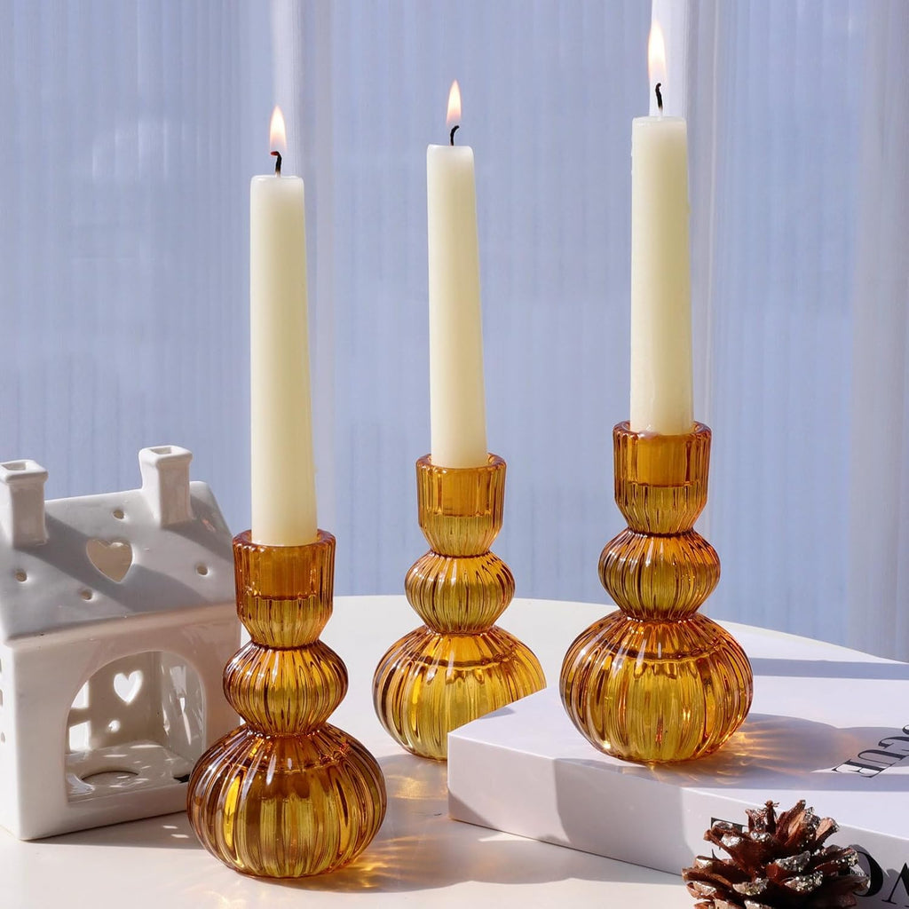 Amber Taper Candle Holders 4.3" H for Halloween/Thanksgiving Decorations Ribbed Glass Candlestick Holders - Set of 3