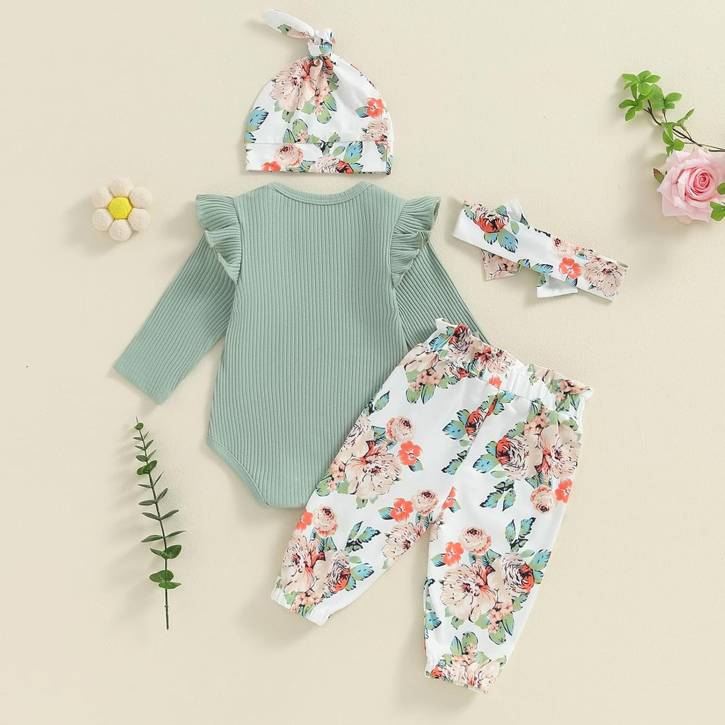 New To The Crew Baby Girl Outfit Newborn Coming Home From Hospital Outfits Ribbed Romper Bodysuit Floral Pants Set
