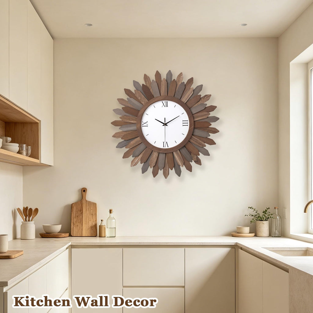 24 Inch Large Wall Clock Battery Operated Silent Rustic Wood Boho Sunburst Decorative Wall Clocks Kitchen Bedroom