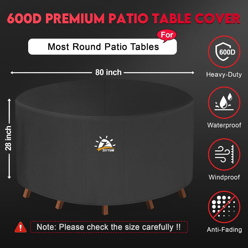 Round Patio Table Cover 80 Inch - 600D Outdoor Furniture Cover Round Waterproof & Heavy Duty, Large Lawn Furniture
