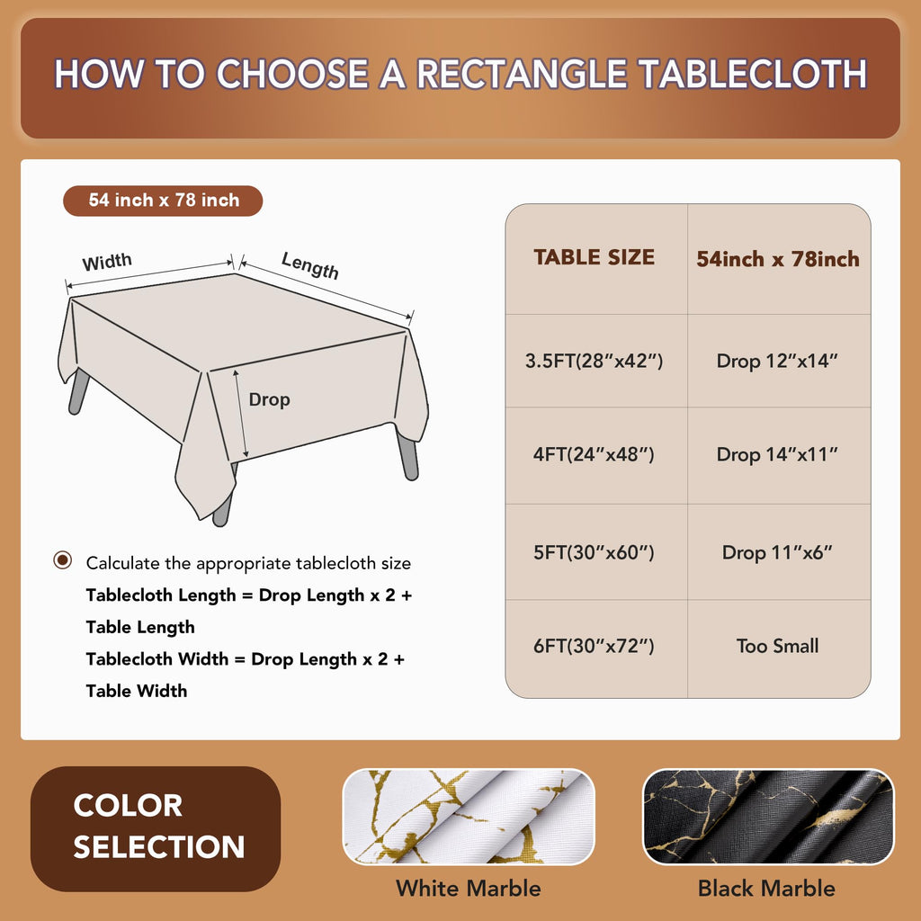 100% Waterproof Vinyl Tablecloth 54x78 Inch Rectangle, White Marble