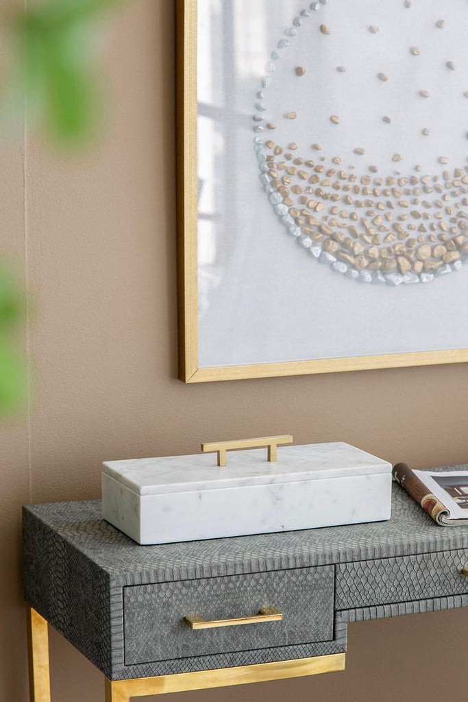 White Marble Rectangular Box with Brass Handle, Contemporary Accent Box, Storage Box, Removable Lid, 14.5" x 7"