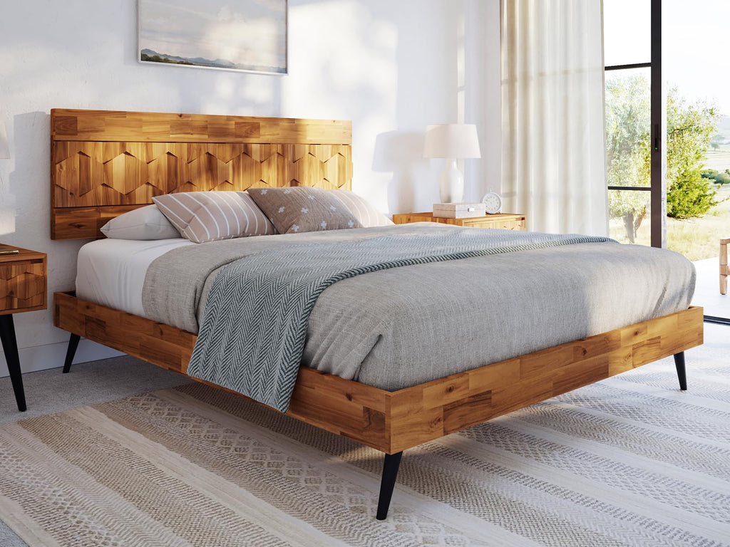 Georgina Queen Bedframe, Geometric Headboard, Mid Century, Teak Brown