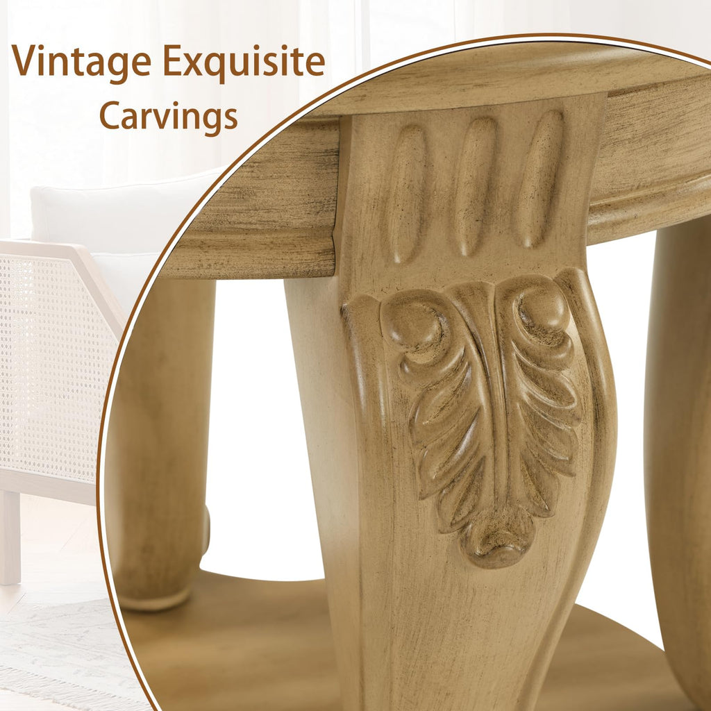 Round Coffee Table, 42" Oval Coffee Table with Storage, Victorian Center Table with Carved Legs, 2-Tier Cocktail