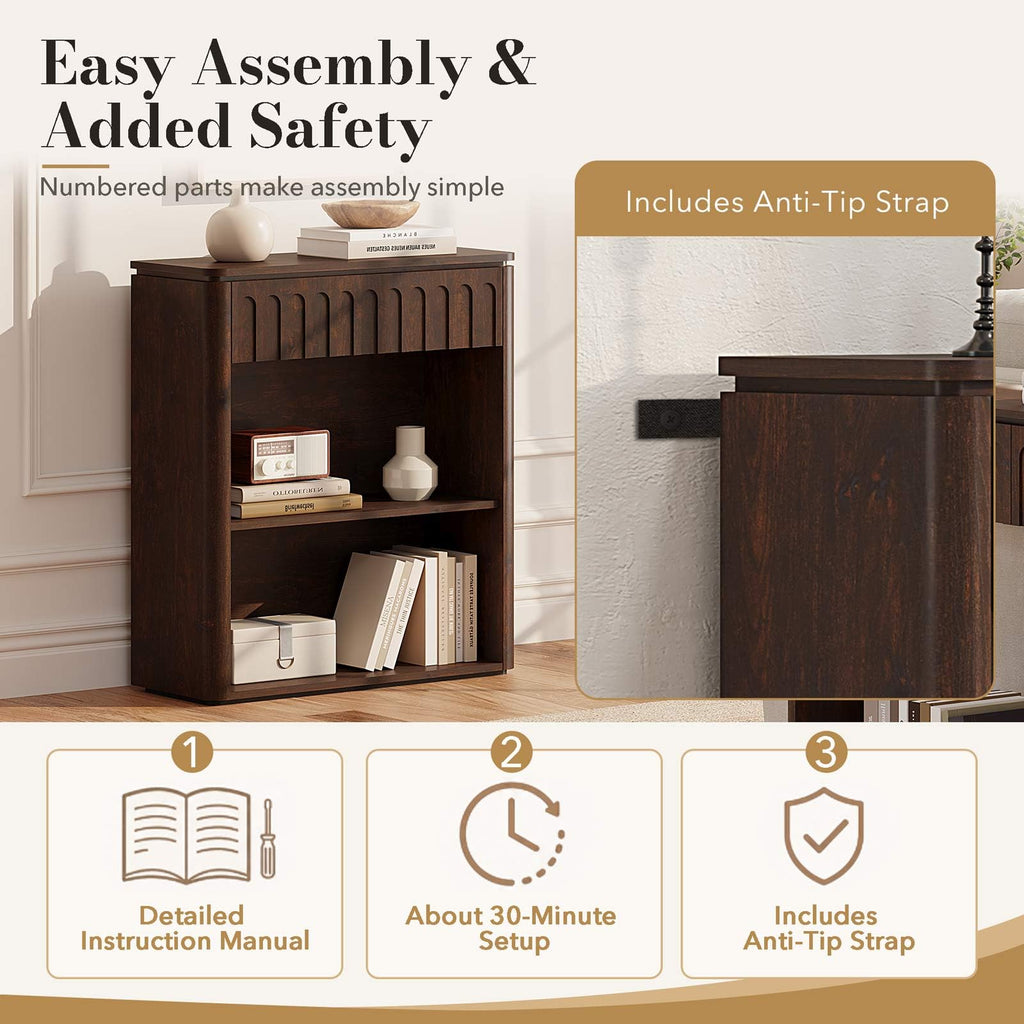 3 Tier Wood Bookshelf, Short Bookcase, Brown Cherry