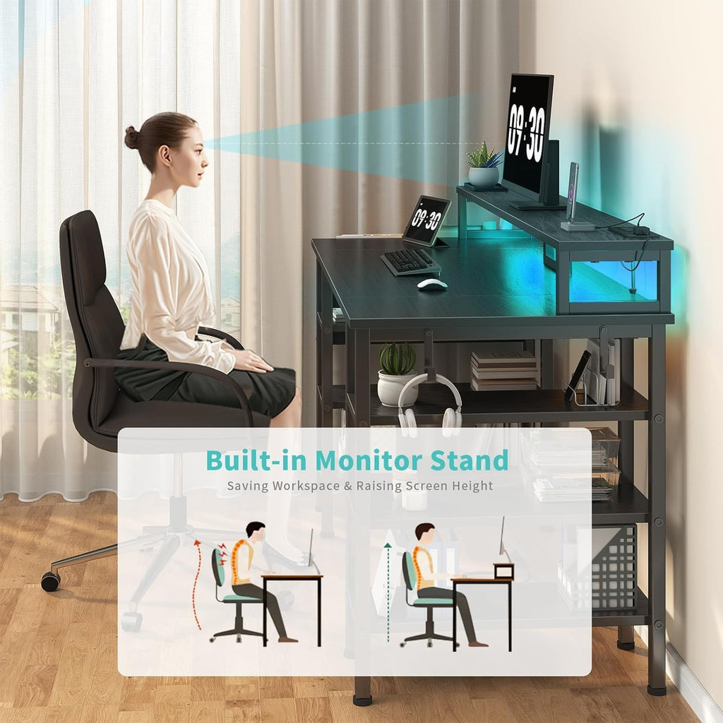 Gaming Desk with LED Lights and Storage Shelves, 47 inch Computer Desk with Power Outlets, Home Office Desk with