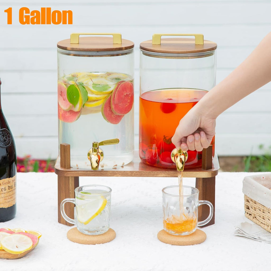 Gallon with Wooden Stand, Drink Dispenser with Stainless Steel Leak-Proof Spigot, Juice & Lemonade Dispenser - Set of 2